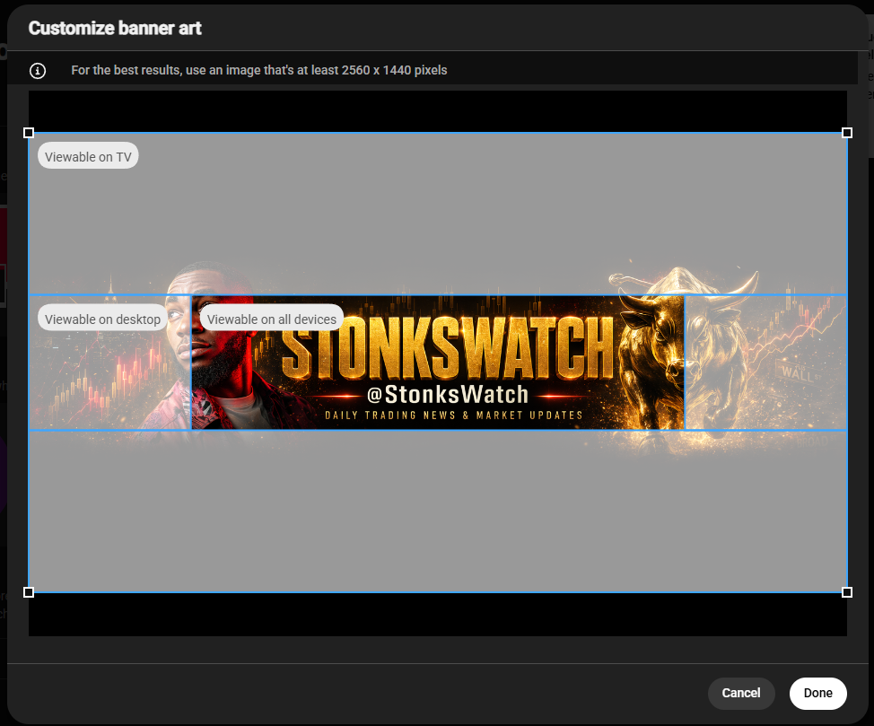 YouTube Customize banner art screen showing the StonksWatch banner aligned in the crop zone